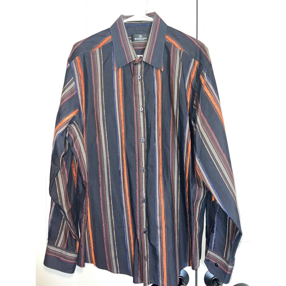 Bugatchi Uomo XL Men's Striped Button-Up Shirt – Black Multi-Color Microfiber